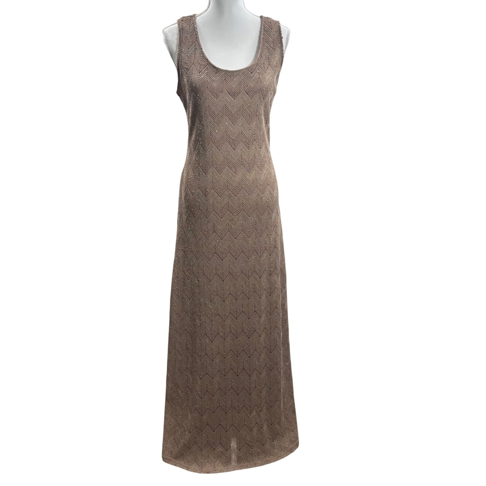 Sharagano Boho Open Knit‎ Maxi Dress Bronze Brown Chevron Overlay Festival Sz 14